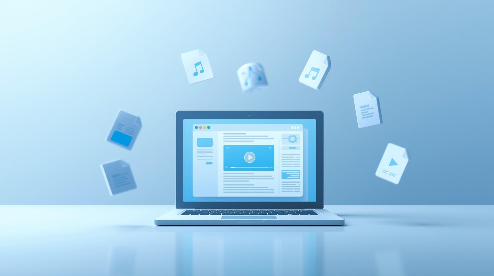 A laptop with an example of the best JavaScript WYSIWYG editor at the center. The editor has a video embedded into some content. Floating icons that represent files that users can embed surround the editor.