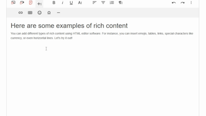 This GIF shows a user adding various rich content into the editor. The user adds an emoji, a table, and a horizontal line. The user also browsers through several tabs of special characters and symbols.