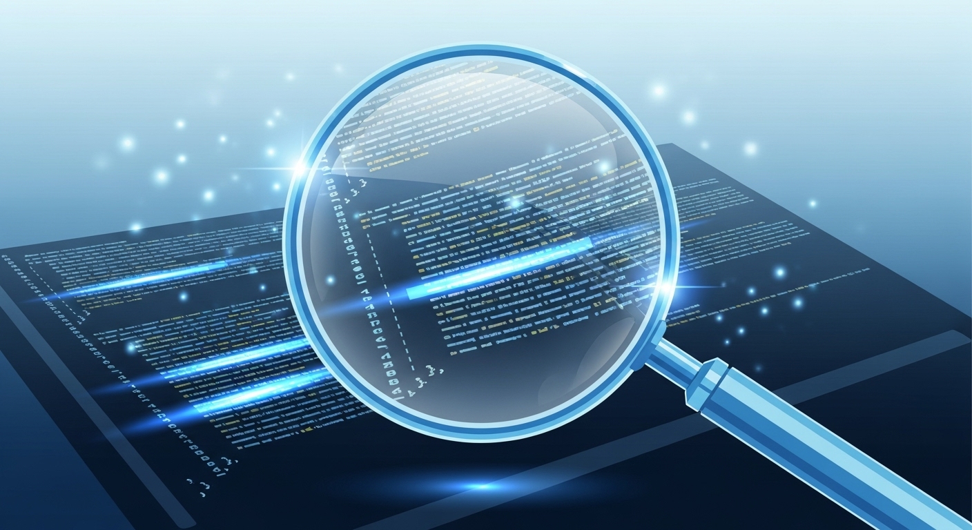 A magnifying glass over some code, representing debugging.