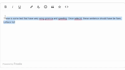 A GIF demo that shows an in-editor AI fixing a sentence with incorrect grammar and spelling.