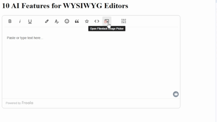 This GIF demonstrates how AI can generate captions for images. After an image of a cat lying down on a table is uploaded, the AI adds the caption to the editor's editing space.