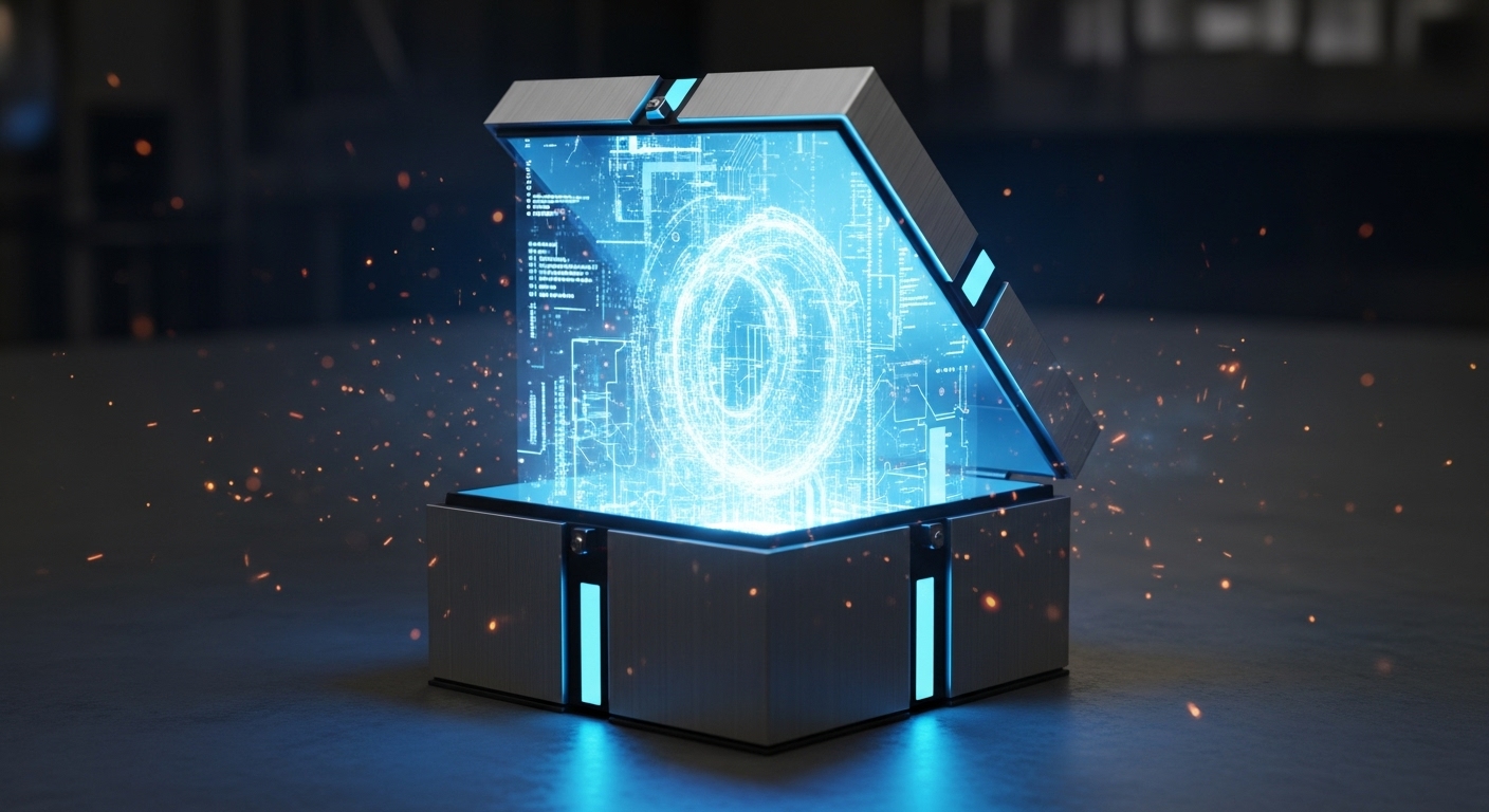 A box that stores some code inside slowly opens, representing unminified source code for development.