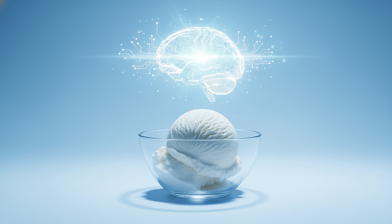 An AI brain floating above vanilla ice cream, representing AI implementations in vanilla JavaScript.