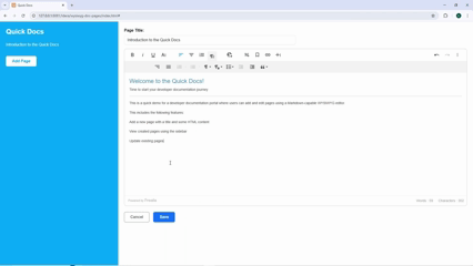 A GIF that demonstrates updating content in a WYSIWYG editor with Markdown features.