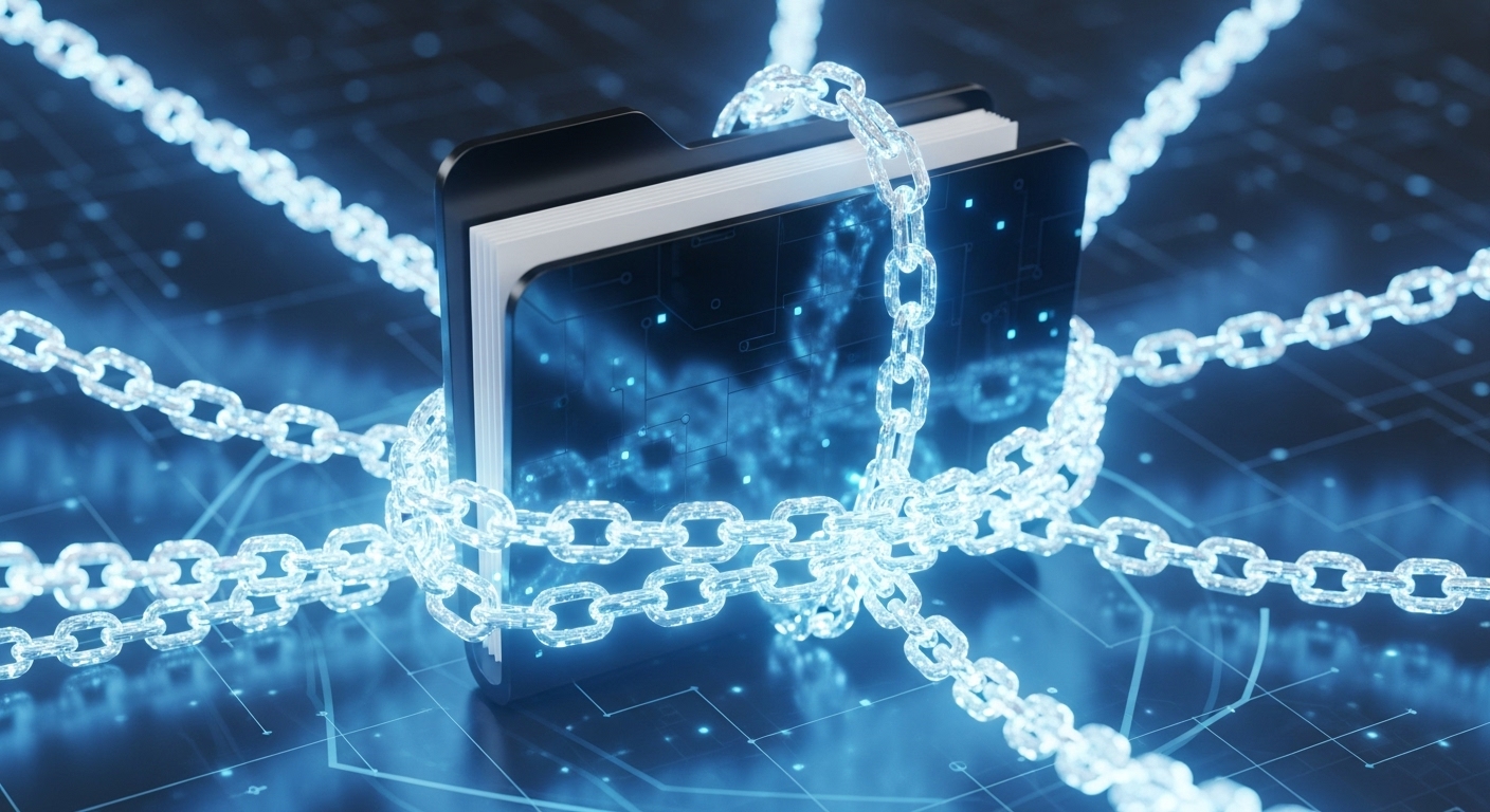 A file folder being restrained by chains. This visualizes file restrictions that stem from sandboxing and prevent editors from processing files.