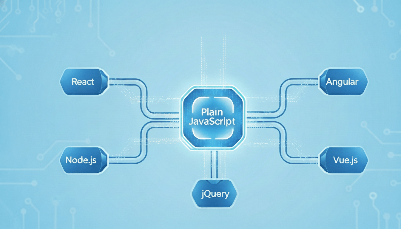 An image that shows plain JavaScript as the foundation of modern front-end frameworks like React, jQuery, Vue.js, and Angular, as well as backend frameworks like Node.js.