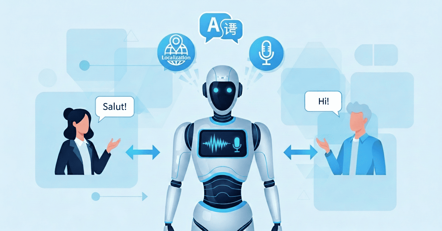 An image that shows 2 people speaking different languages. There's a robot between them that translates their languages so they can communicate better. This signifies how HTML code writers with AI functionality can incorporate multilingual support easily.