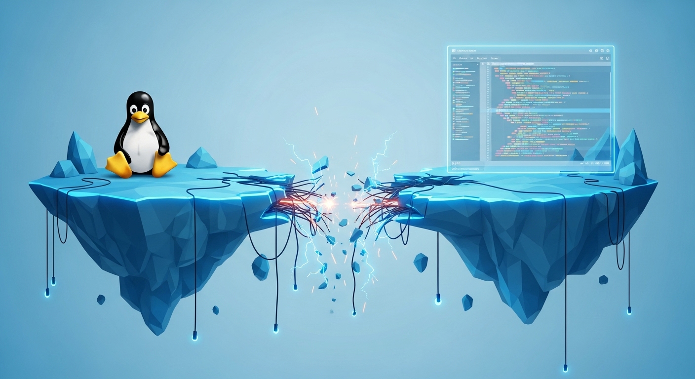 Two ice caps with a broken bridge in between. There's a Linux penguin on one side and a code editor on another.