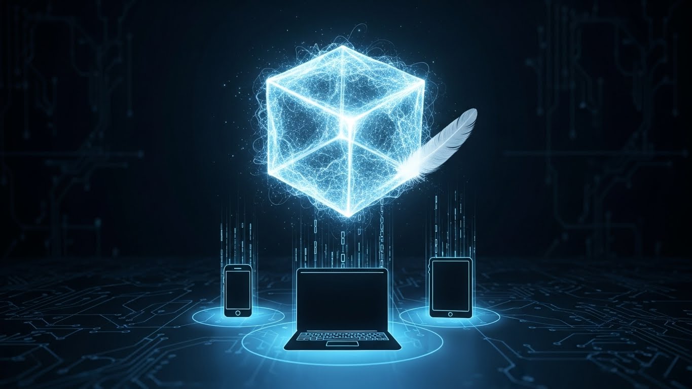 A laptop, tablet, and phone with a floating cube above. This signifies cross-compatibility and portability.