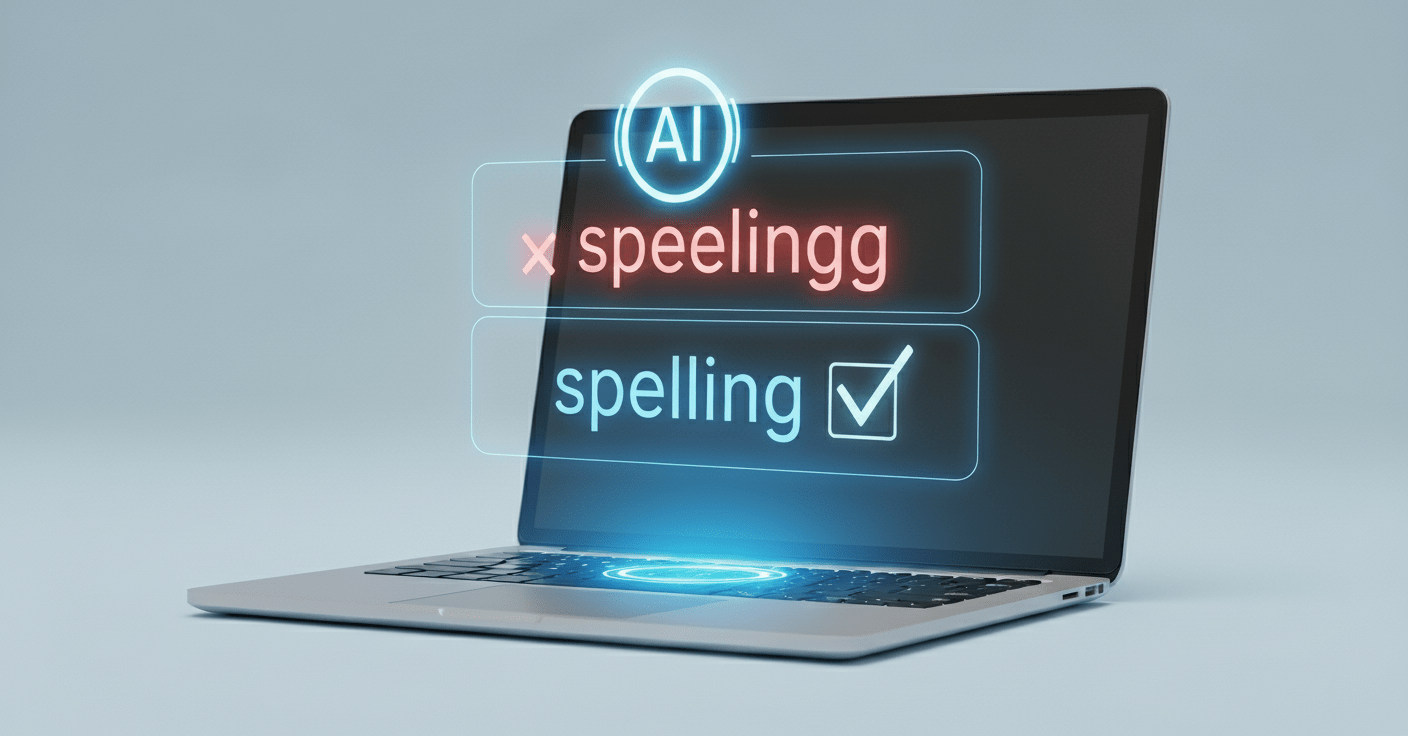A laptop with two words hovering in front of it: "speelingg," which is highlighted in red, and "spelling," which is highlighted in blue and with a check mark. This demonstrates how editors with AI can detect spelling and grammar errors or even style inconsistencies or poor practices.