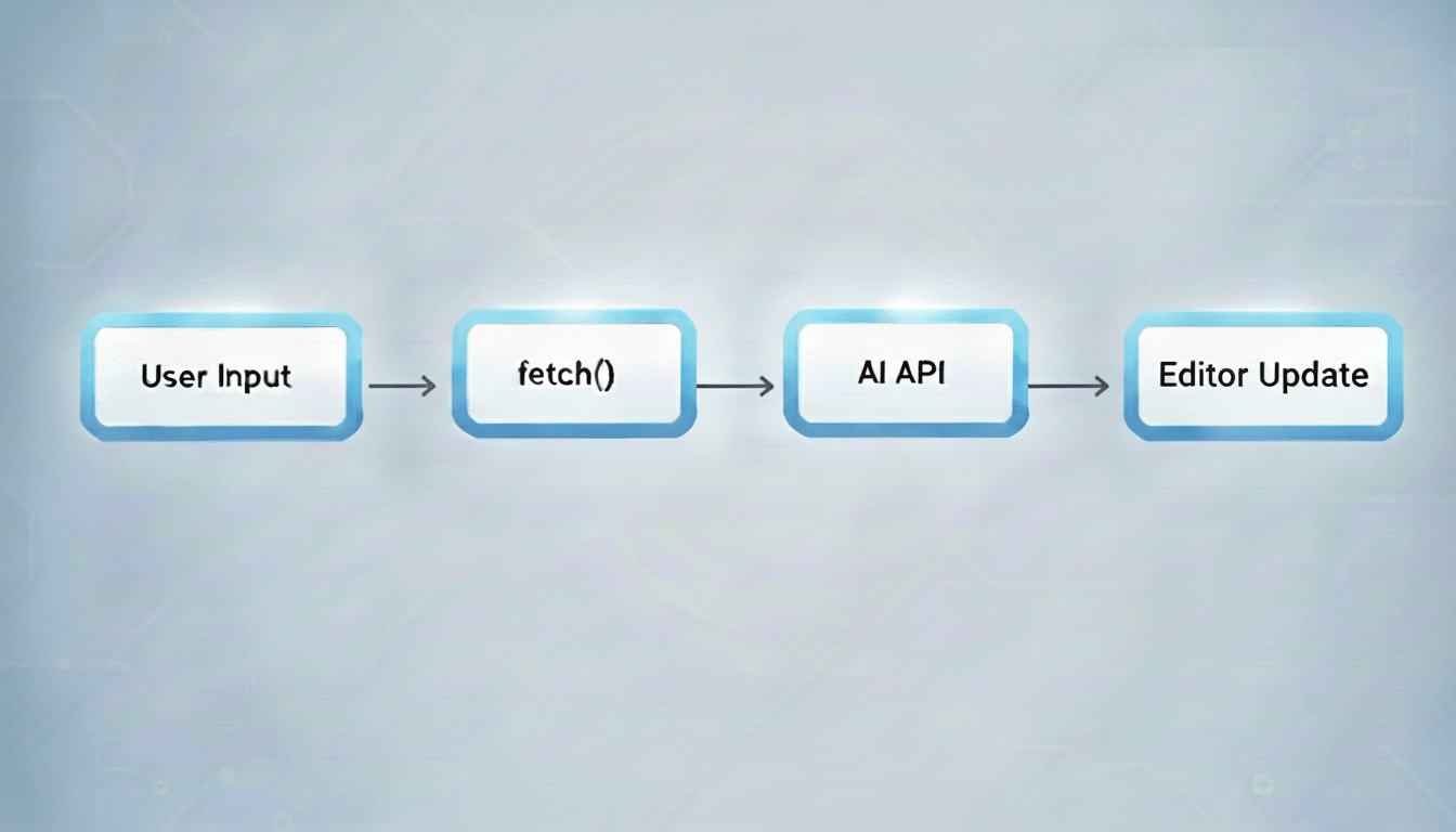 A process flow that shows how AI integration into JS works. The first step is the gathering of user input, followed by fetching and communicating with the AI API. Lastly, the editor updates its contents with the result of the fetch command from earlier.