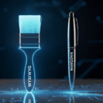 A visual representation of WYSIWYG (represented by a paintbrush) and Markdown (represented by a pen) editing.