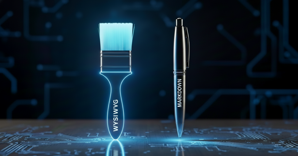 A visual representation of WYSIWYG (represented by a paintbrush) and Markdown (represented by a pen) editing.