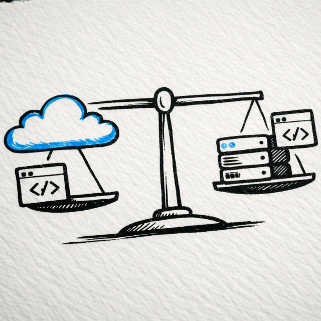 Illustration comparing cloud vs self-hosted editors, showing cloud-based infrastructure balanced against on-premise servers for content editing