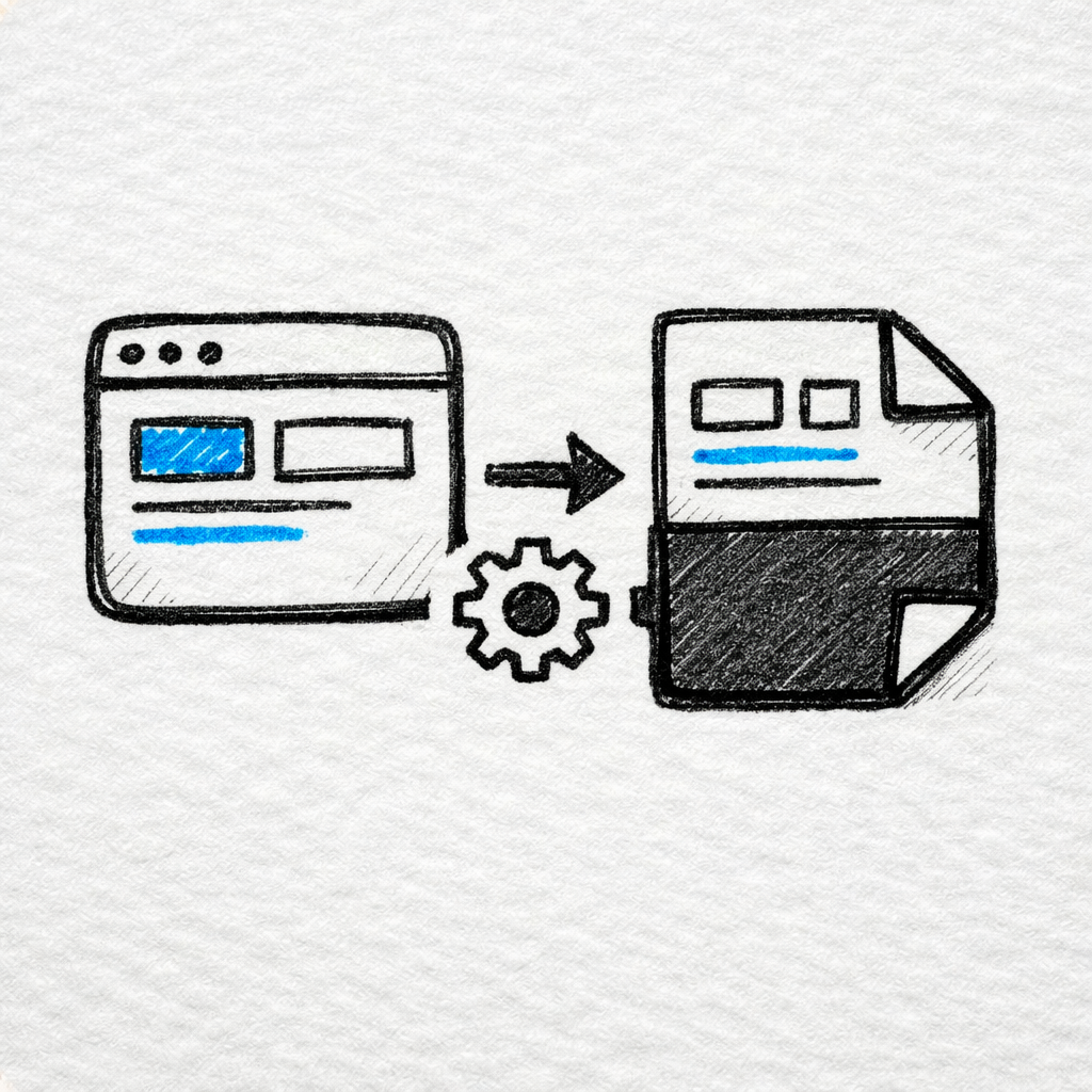 Hand-drawn illustration of a browser window converting HTML content into a PDF document using a server-side Node.js workflow with a gear icon representing processing.