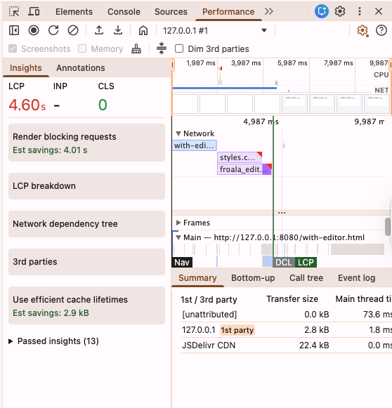 Chrome DevTools Performance panel showing delayed LCP caused by render-blocking editor scripts and styles executing on the main thread.