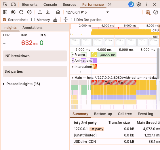 devtools performance panel showing high INP caused by slow wysiwyg editor interaction and long main thread blocking