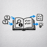 Illustration of a self-service knowledge base showing questions turning into structured answers and checklists inside an open help book.