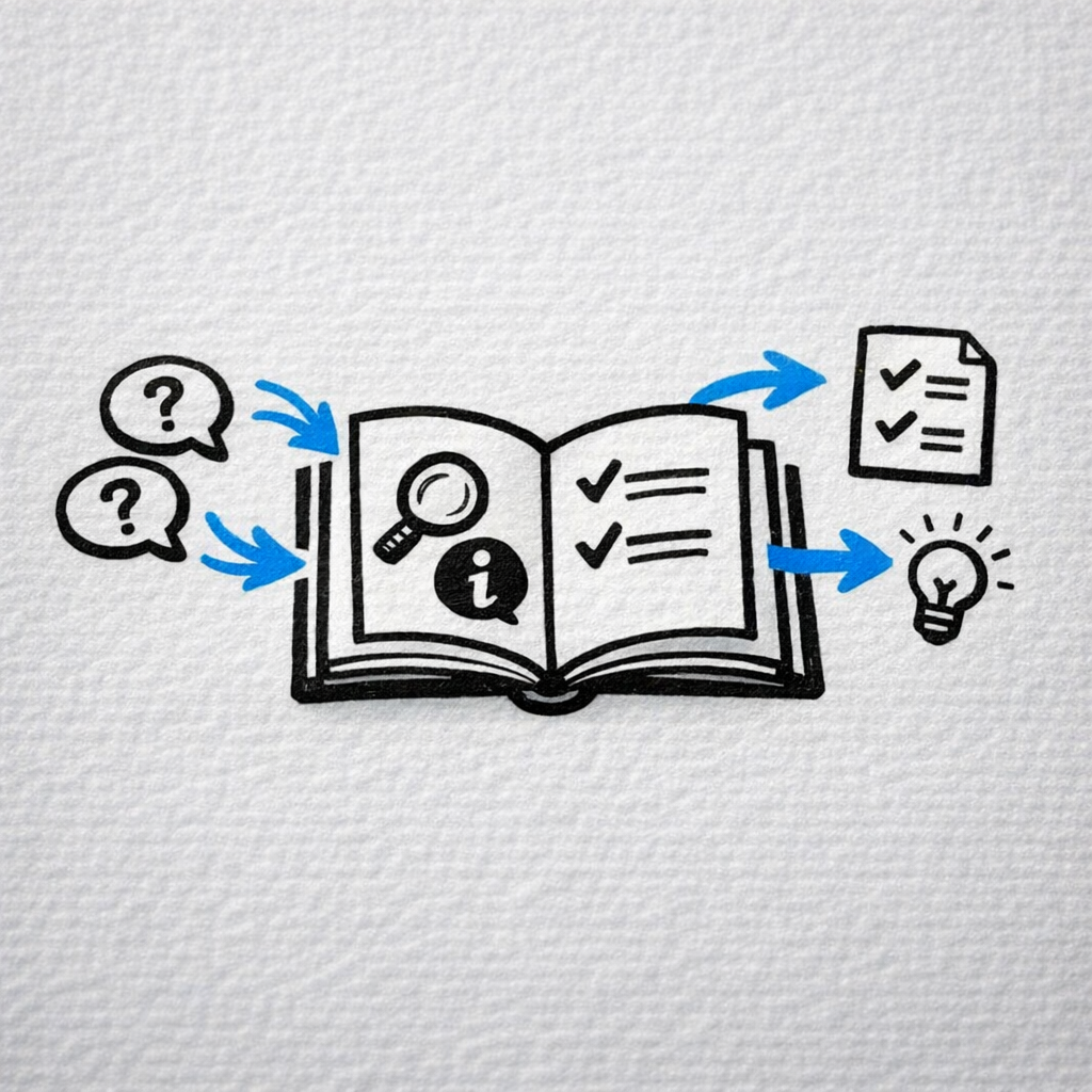 Illustration of a self-service knowledge base showing questions turning into structured answers and checklists inside an open help book.