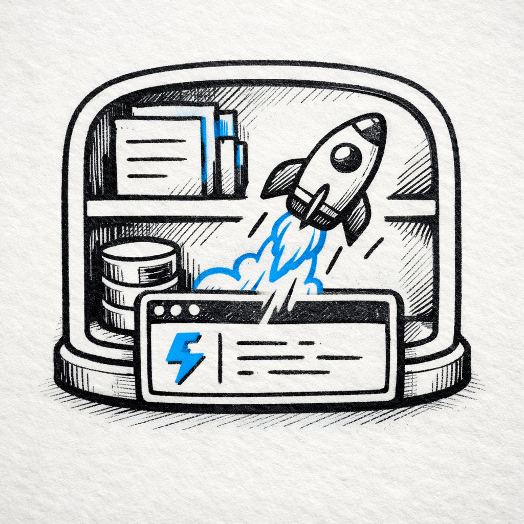 Illustration of a rocket launching from a database and document interface, representing how teams build a knowledge base faster using an embedded WYSIWYG editor.