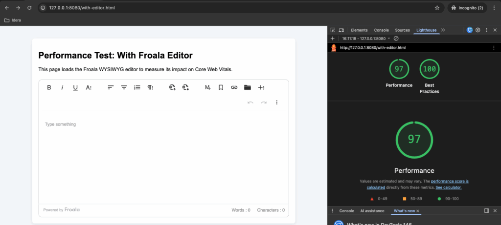 Performance Score in Lighthouse - With Froala WYSIWYG Editor