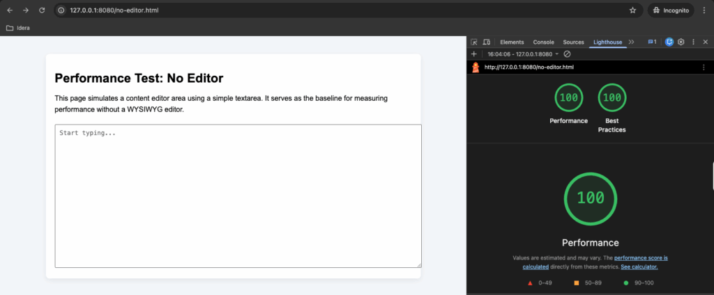 Performance Score in Lighthouse - Without Editor