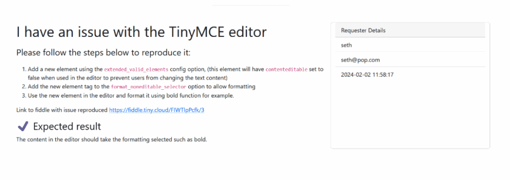 Support ticket with a rich text editor showing formatted text and inline attachments for clearer issue context.