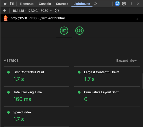 Metrics section showing LCP CLS INP (With Editor)