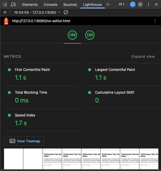 Metrics section showing LCP CLS INP (Without Editor)