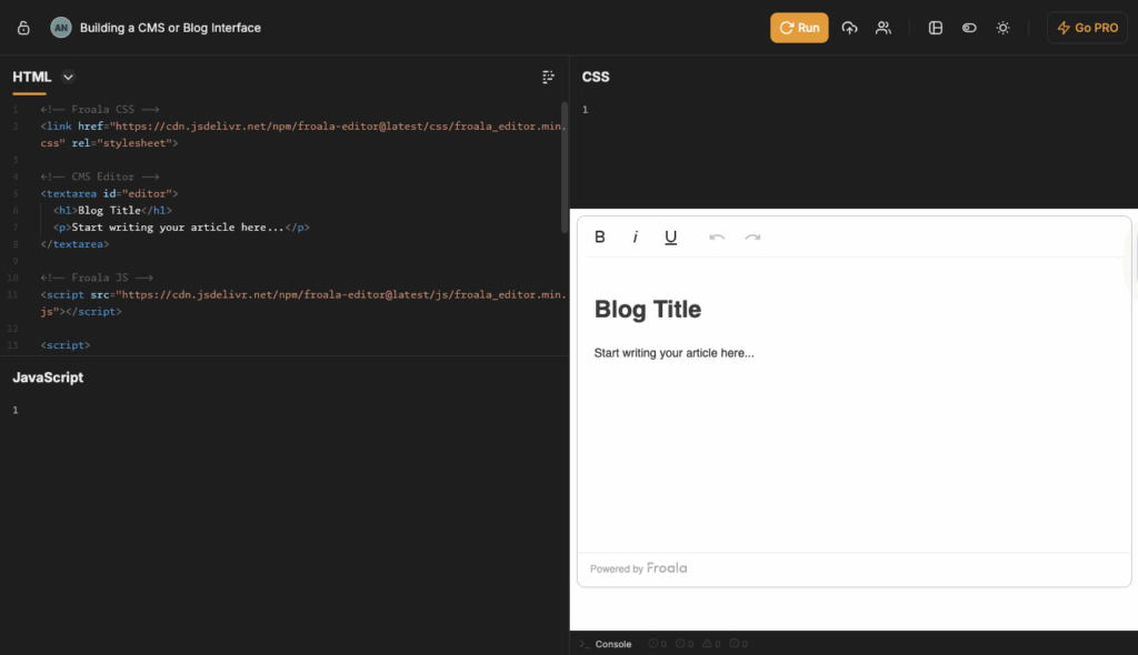 Froala editor CMS prototype in online JavaScript editor JSFiddle