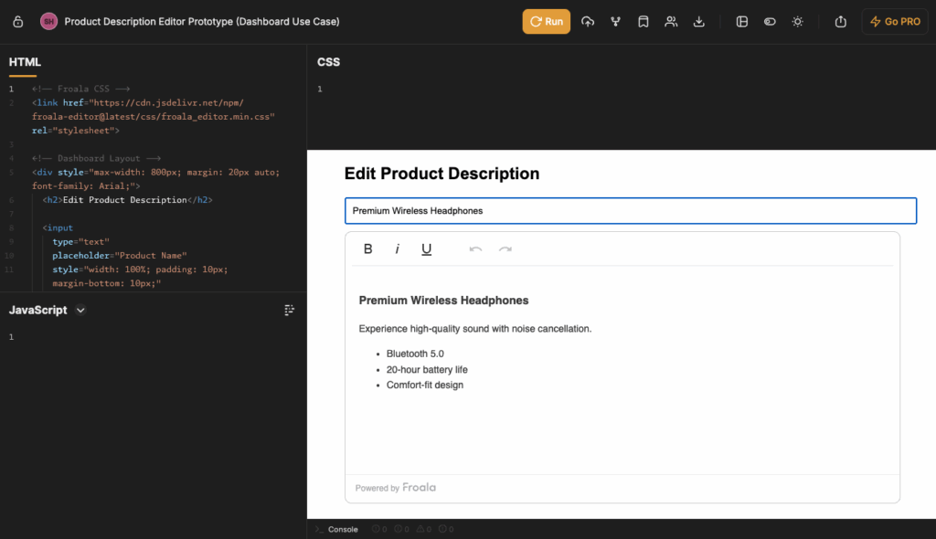 eCommerce admin panel content editor using Froala