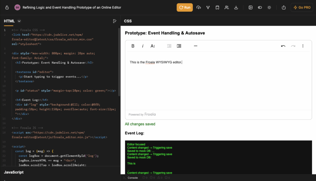 Froala editor event tracking and autosave simulation in JSFiddle