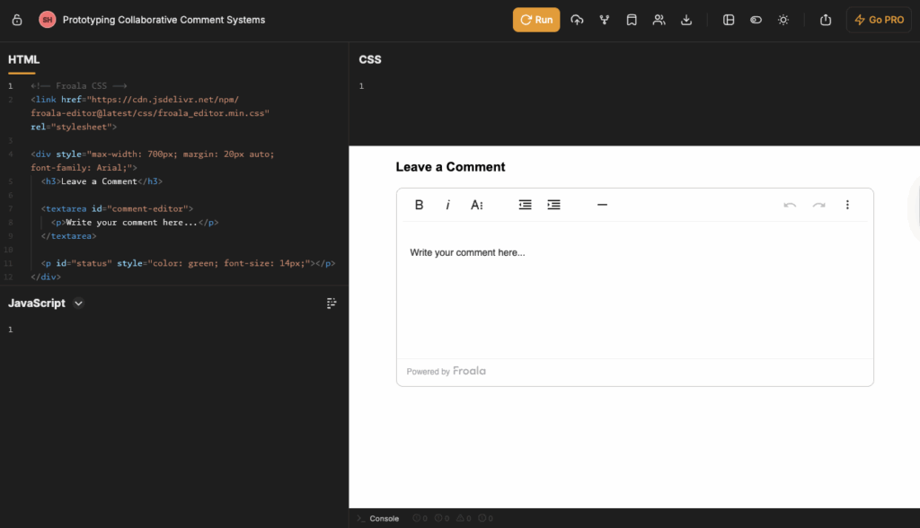 Froala comment editor with autosave simulation in online JavaScript editor