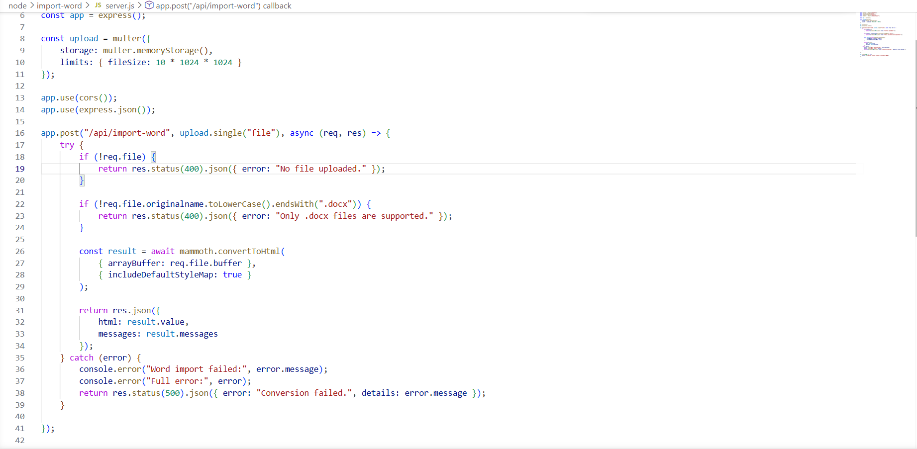 nodejs word import function