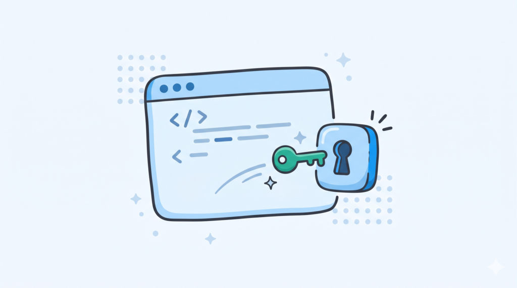 A friendly, warm, hand-drawn-style flat vector illustration representing skills that activate automatically based on context, in the spirit of Notion and Headspace artwork. The illustration depicts a plump, pillowy editor window with a couple of soft code lines inside, and a small rounded key gliding on its own toward a chunky pillowy keyhole or lock that is gently clicking open — showing the right tool arriving automatically without being summoned. A soft motion swoosh and a tiny sparkle suggest the effortless, hands-free movement. Drawn with soft, humanist line work that has rounded line caps and rounded joins everywhere, with gentle organic weight variation, echoing the soft rounded terminals of the Nunito typeface. Forms are plump, chunky, and pillowy with generous oversized corner radii — nothing sharp, rigid, or mechanical. A subtle hand-drawn imperfection gives it warmth and character, as if illustrated with care by a designer rather than rendered by a tool. The color palette uses tints and shades of Froala Blue (#0098F7): pale blue fills with deeper blue accents, plus soft rounded Froala Gray (#2D313C) outlines for dark details. The little key has a pop of green (#15b69b) for energy. The composition is centered on a light, airy background (pure white or a soft pale-blue tint), with subtle floating rounded dot-grid clusters and tiny soft sparkle accents scattered around it. Cheerful, approachable, characterful, modern SaaS illustration style, no text