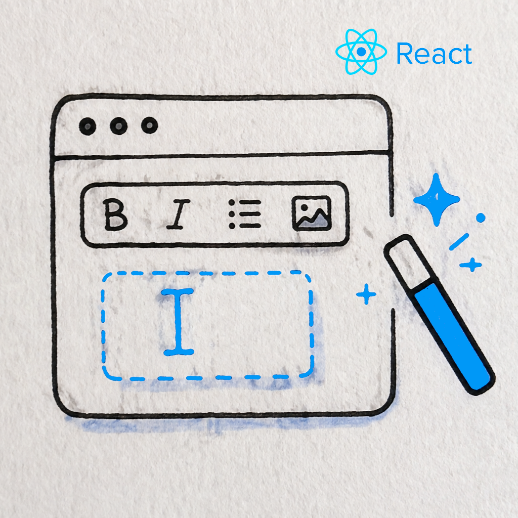 Illustration of a React WYSIWYG editor interface with text formatting toolbar and content editing area