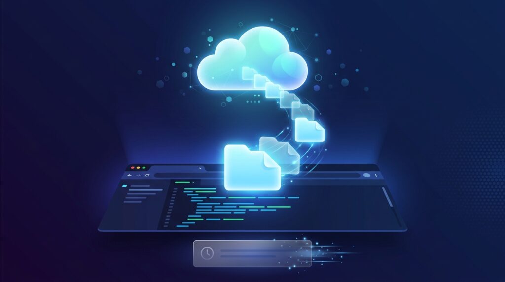 A code editor open in a browser with project folders rising along a curved path toward a glowing cloud storage icon, representing the autosave and cloud backup capabilities that protect work from unexpected browser closures or session timeouts.
