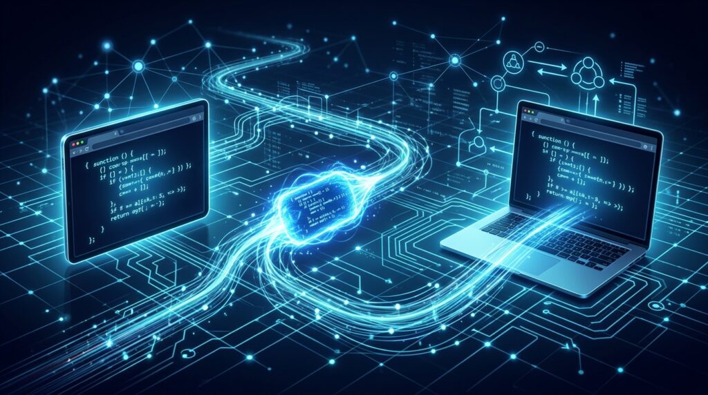 Two browser-based code editor windows connected by a flowing data stream, with collaboration icons visible in the network above, representing how online HTML editors enable real-time code sharing and remote collaboration between developers on different devices.