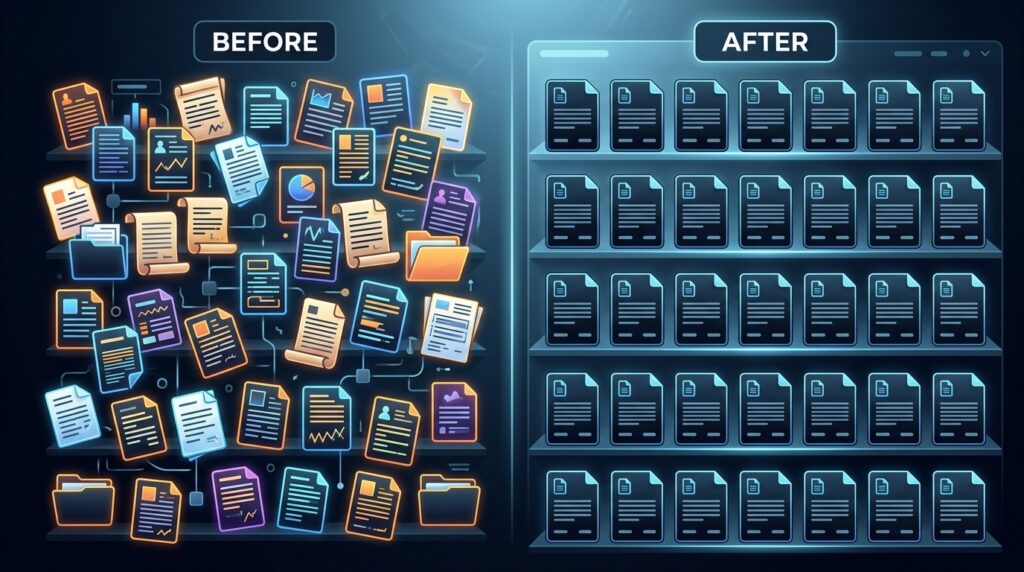 A before-and-after comparison of a content library, with chaotically varied and inconsistently formatted documents on the left and a neatly organized, uniformly structured set of documents on the right, showing the formatting consistency a text-to-HTML editor enforces across a content operation.