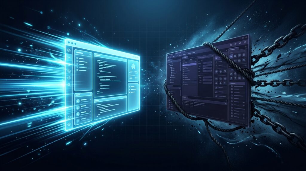 A side-by-side comparison of two editor interfaces, one lightweight and fast with speed lines radiating from it and one heavy and constrained by chains and ropes, illustrating the performance difference between an optimized and a sluggish text editor.