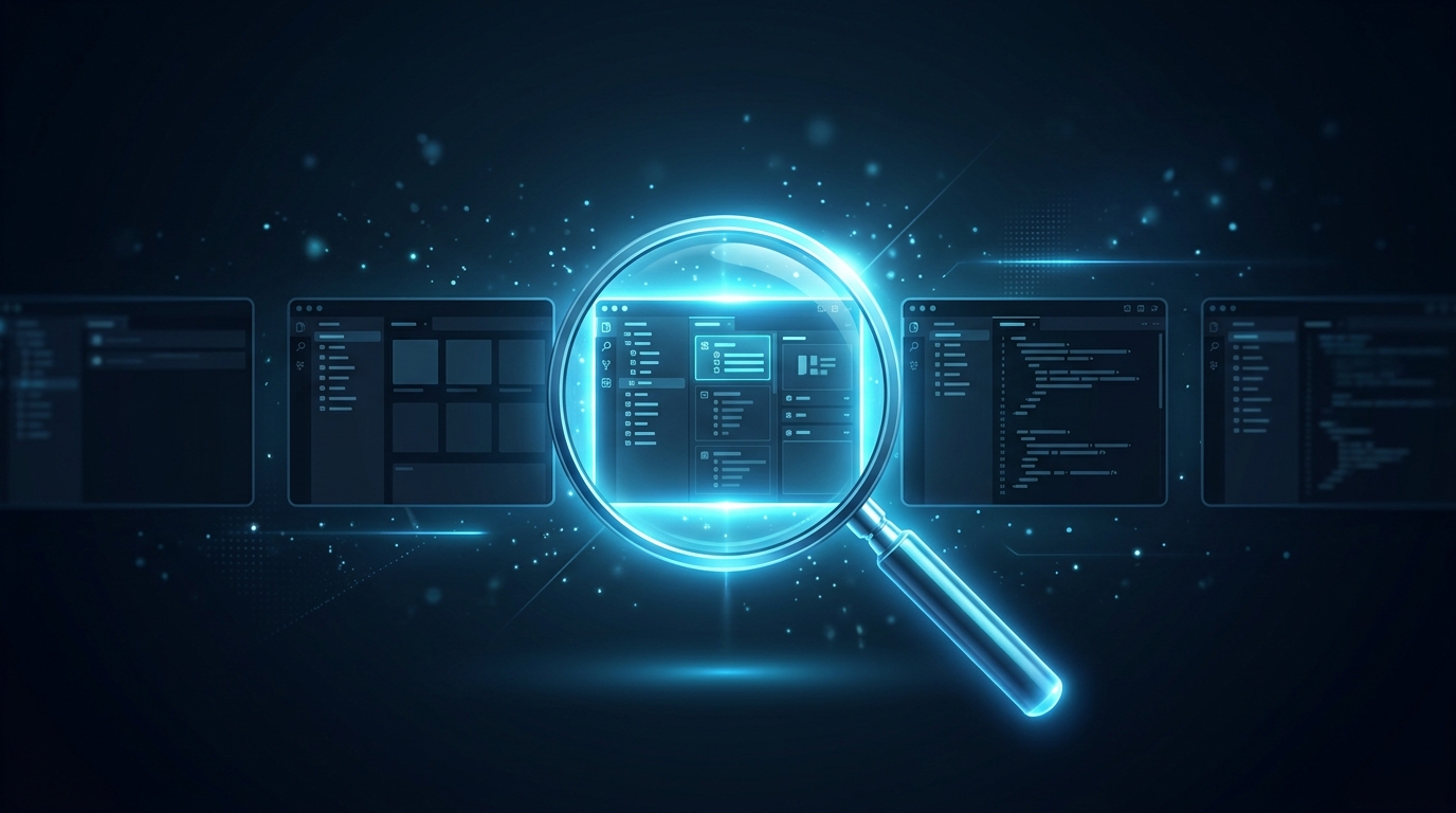A glowing magnifying glass focusing on one editor interface selected from a row of candidates, representing the process of evaluating and identifying the best WYSIWYG HTML editor for a specific use case.
