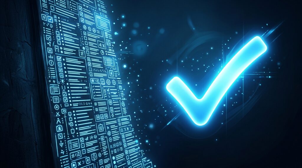A dense checklist of editor evaluation criteria on the left contrasted with a single glowing checkmark on the right, representing the importance of prioritizing usability over an overwhelming feature list when selecting the best WYSIWYG HTML editor for your use case.