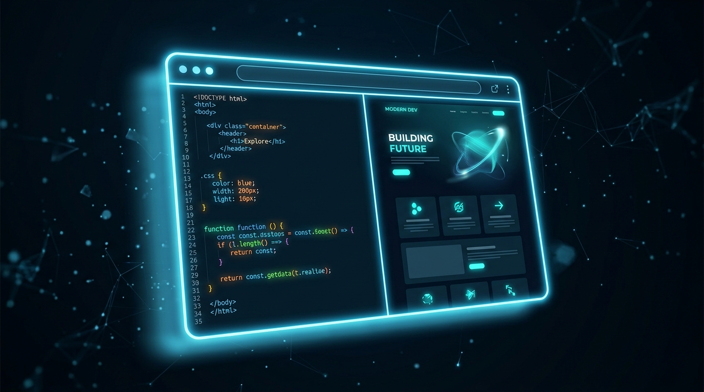 A browser-based HTML editor displaying syntax-highlighted code in the left panel alongside a live rendered webpage preview in the right panel, illustrating how an online HTML editor lets developers write and preview output simultaneously without any local software.