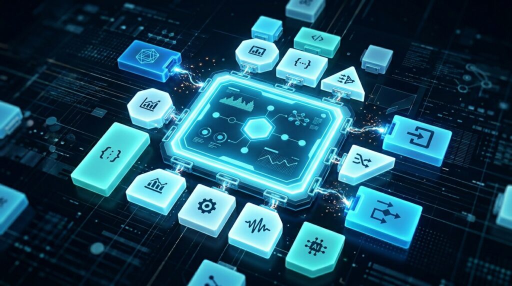 A central editor interface surrounded by modular plugin and capability blocks connected by glowing links, illustrating how a customizable WYSIWYG HTML editor extends its functionality through plugins and API integrations.