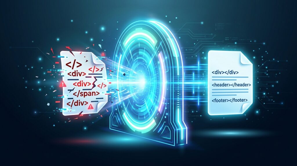 A document containing broken, error-flagged HTML markup passing through a glowing validation gate and emerging on the other side as clean, correctly structured HTML, illustrating how a text-to-HTML editor automatically corrects and sanitizes code output.