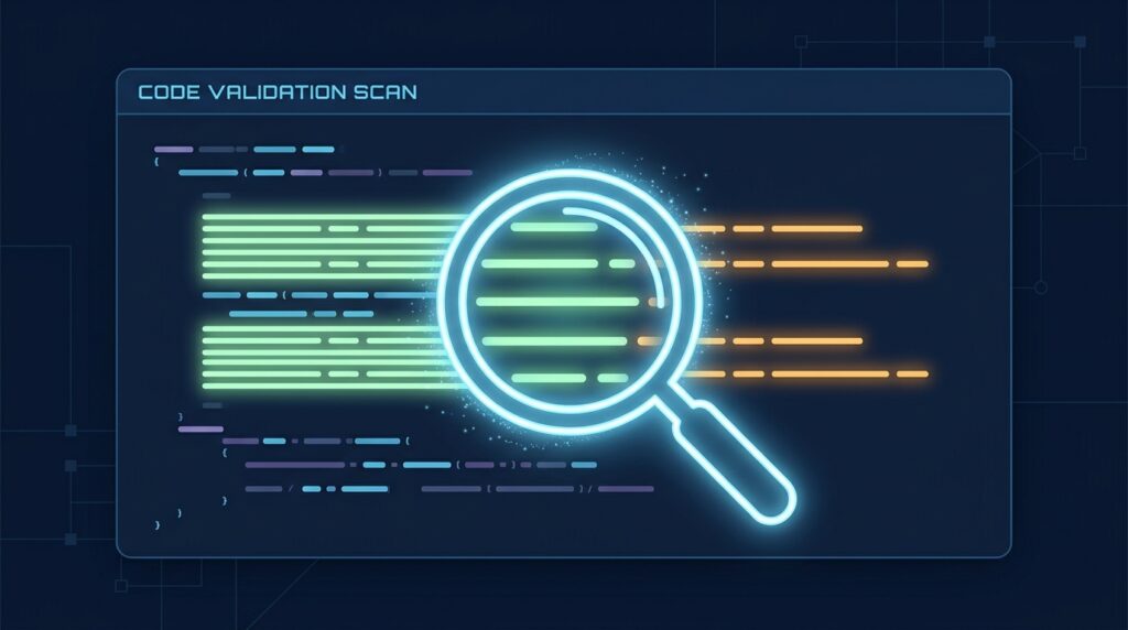 A glowing magnifying glass scanning lines of code in a validation interface, with clean sections highlighted in green and flagged sections in amber, representing the intelligent code validation and error detection features of a professional online HTML editor.