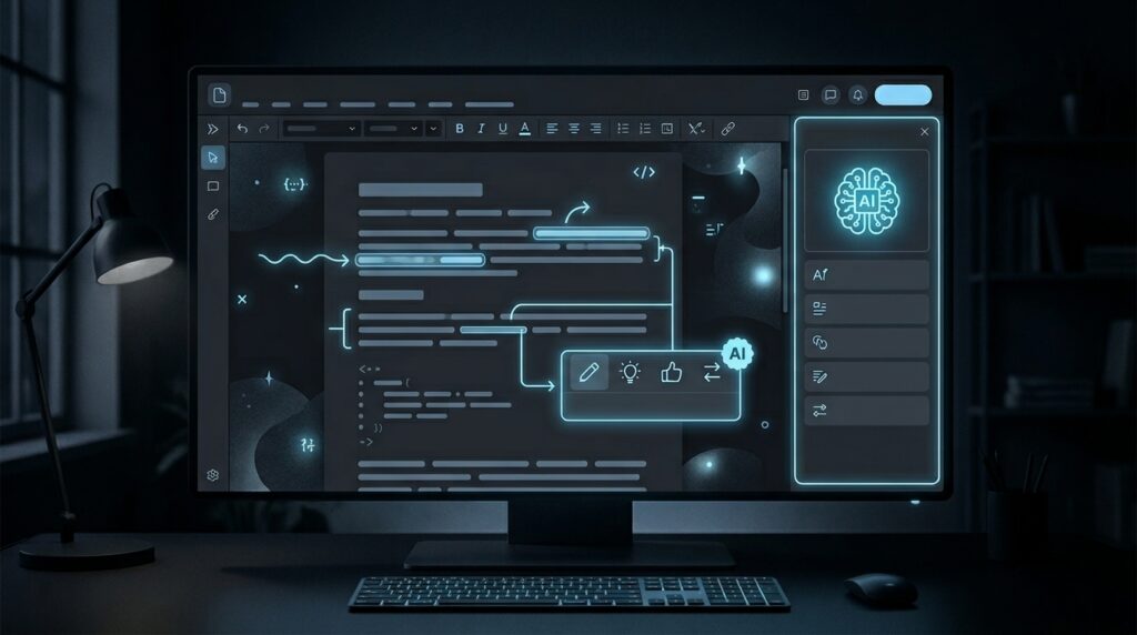 A desktop monitor displaying a WYSIWYG editor interface with an AI assistant panel open on the right side, showing formatting suggestions and editing actions overlaid on the active content, representing how AI-assisted features help content teams reduce manual editing effort.