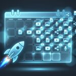 A glowing content calendar filled with article, video, image, and audio icons across multiple dates, with a rocket launching from the lower left, representing the publishing velocity and content output acceleration that a WYSIWYG HTML editor enables for modern content teams.