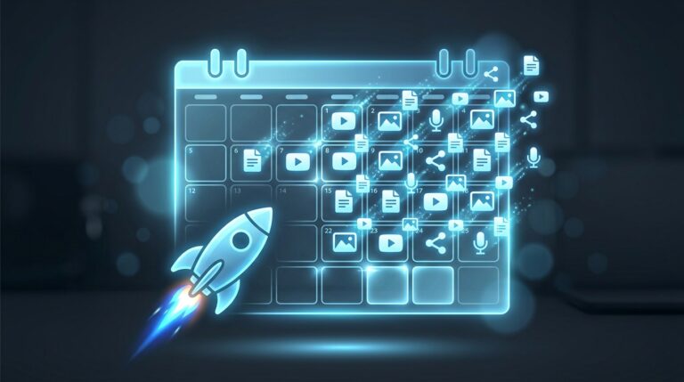A glowing content calendar filled with article, video, image, and audio icons across multiple dates, with a rocket launching from the lower left, representing the publishing velocity and content output acceleration that a WYSIWYG HTML editor enables for modern content teams.