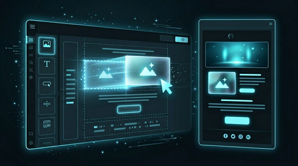 A visual email builder interface on a desktop showing a drag-and-drop layout editor with image and text blocks, alongside a mobile preview of the same email rendered responsively, representing how a WYSIWYG editor simplifies email and newsletter campaign production.
